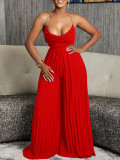 Summer sexy chain halter neck high waist sexy backless wide leg pleated jumpsuit