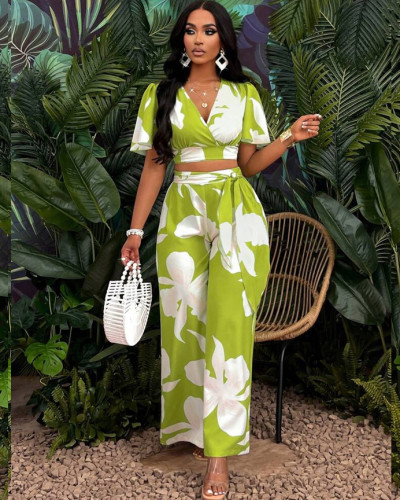 women's tropical print pleated butterfly sleeve top with lace-up wide-leg pants set