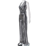 Women sexy metallic silver jumpsuit