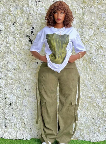 Women casual loose shirt + pants multi-pocket two-piece set