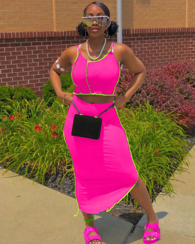 Women sexy crop vest midi skirt two piece set clothing