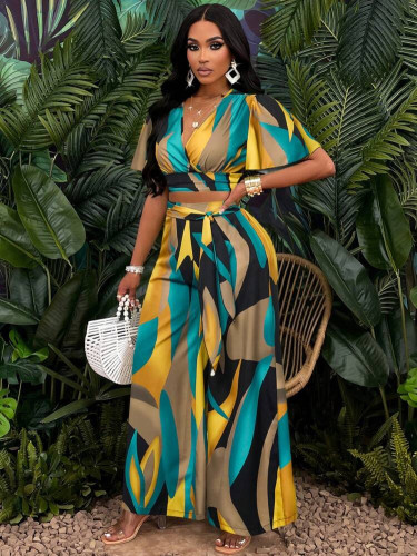 Fashionable women's tropical print pleated butterfly sleeve top with lace-up wide-leg pants set