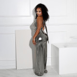Women sexy metallic silver jumpsuit