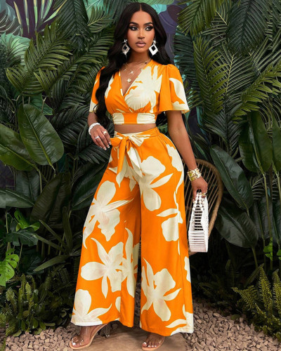 Women's tropical print pleated butterfly sleeve top with lace-up wide-leg pants set