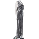 Women sexy metallic silver jumpsuit
