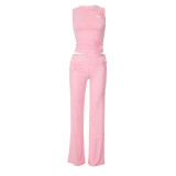 Fashion women's solid color heart hollow out sleeveless top and trousers set