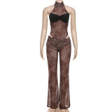 Sexy sleeveless bodysuit high waist leopard print trousers set