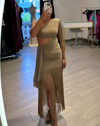 Sexy Asymmetric One Shoulder Tassel Maxi Dress