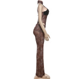 Sexy sleeveless bodysuit high waist leopard print trousers set