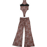 Sexy sleeveless bodysuit high waist leopard print trousers set