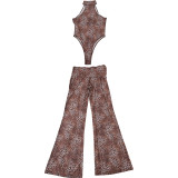 Sexy sleeveless bodysuit high waist leopard print trousers set