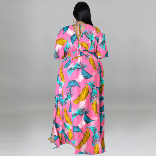 Plus size women's summer deep V neck printed maxi dress