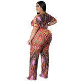Plus size women's slash shoulder printed jumpsuit