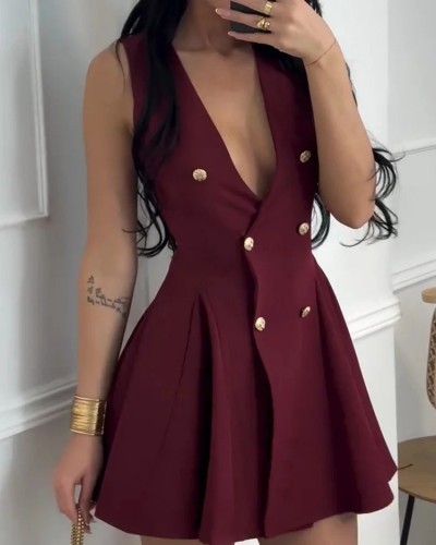 Women Summer Solid Color Deep V Sleeveless Uniform Dress
