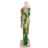 Plus size women's slash shoulder printed jumpsuit