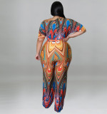 Plus size women's slash shoulder printed jumpsuit