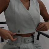 Women's stylish casual sleeveless solid color two-piece suit