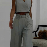 Women's stylish casual sleeveless solid color two-piece suit