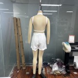 Women casual backless white solid color mini shorts two-piece set