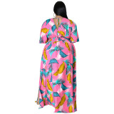 Plus size women's summer deep V neck printed maxi dress