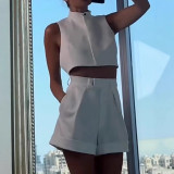 Women casual backless white solid color mini shorts two-piece set