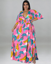 Plus size women's summer deep V neck printed maxi dress