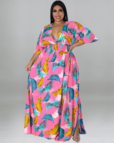Plus size women's summer deep V neck printed maxi dress