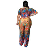 Plus size women's slash shoulder printed jumpsuit