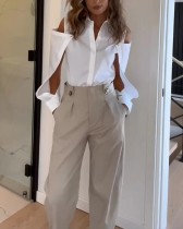 Women's Fashion Trend Lapel Long Sleeve Hollow Solid Color Two-piece Suit