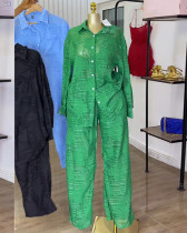 Women's summer lapel patch pocket long-sleeved shirt high waist straight pants two-piece suit