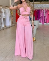 Women's casual fashion sleeveless hollow suspenders solid color two-piece suit