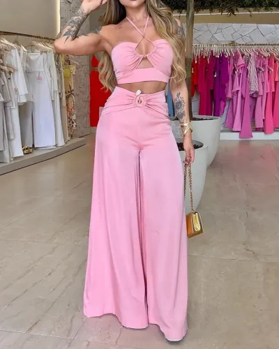Women's casual fashion sleeveless hollow suspenders solid color two-piece suit