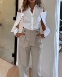 Women's Fashion Trend Lapel Long Sleeve Hollow Solid Color Two-piece Suit