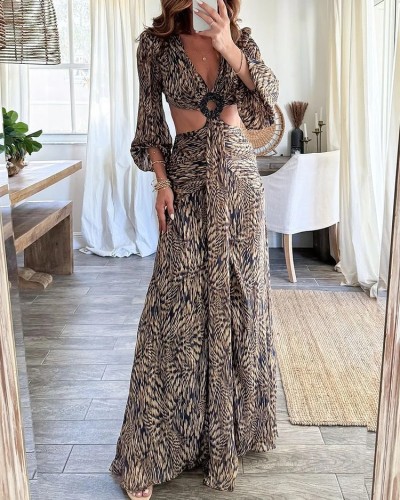 Women's summer casual long sleeve hollow out print maxi dress