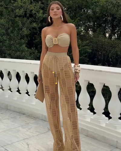 Women solid color high waist split swimsuit bikini long mesh pants three piece set