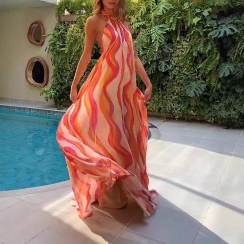 Women's dress printed halter neck open back holiday dress