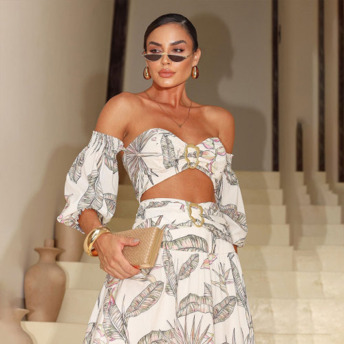 Printed Mesh Long Sleeve High Waist Bandeau Swimsuit Women's Skirt Three-Piece Set