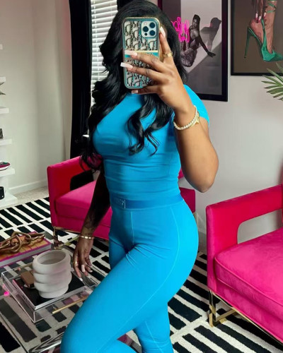 Women's two-piece solid color ribbed round neck short-sleeved short top trousers casual set summer