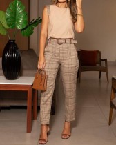 Women's suit fashion casual sleeveless printed two-piece suit (with belt)