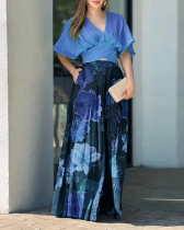 Women's fashion casual V-neck loose printed two-piece set