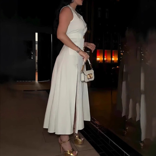Womens summer fashion women solid color elegant slit dress