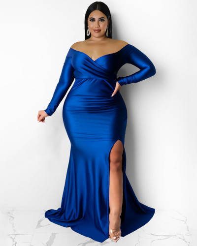 Plus size women's sexy nightclub v-neck dress solid color slit long dress