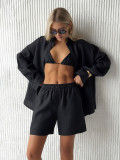 Pure Cotton Long Sleeve Blouse Shorts Set Solid Color Casual Set Women