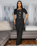 Women elegant short sleeve solid color jumpsuit
