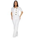 Women elegant short sleeve solid color jumpsuit