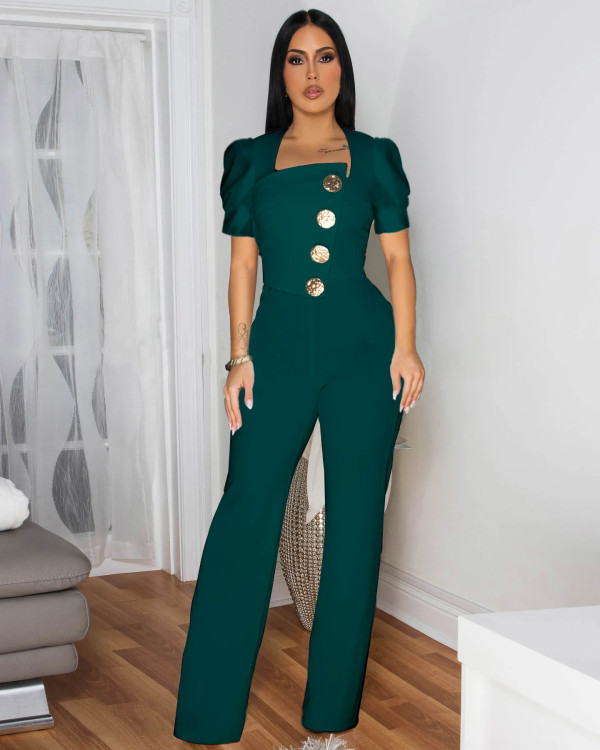 Women elegant short sleeve solid color jumpsuit
