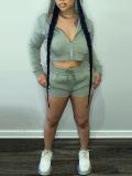 Women solid color long sleeve two piece shorts tracksuit