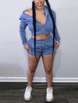 Women solid color long sleeve two piece shorts tracksuit