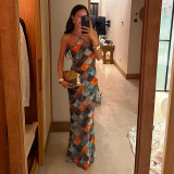 Halter Colour Block Long Dress Holiday Style Slim Backless Long Dress