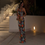 Halter Colour Block Long Dress Holiday Style Slim Backless Long Dress